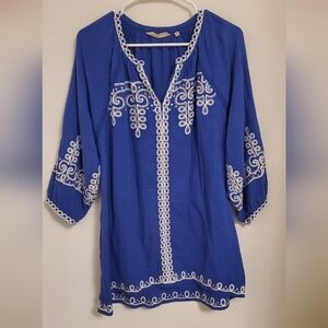 Soft Surroundings Gauze Blue Embroidered Women's Tunic Top Boho Coastal Spring